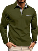 Green long-sleeve polo shirt with plaid collar worn by a person on a white background