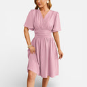 Women’s Pastel V-Neck Midi Dress Fitted Waist Elegant