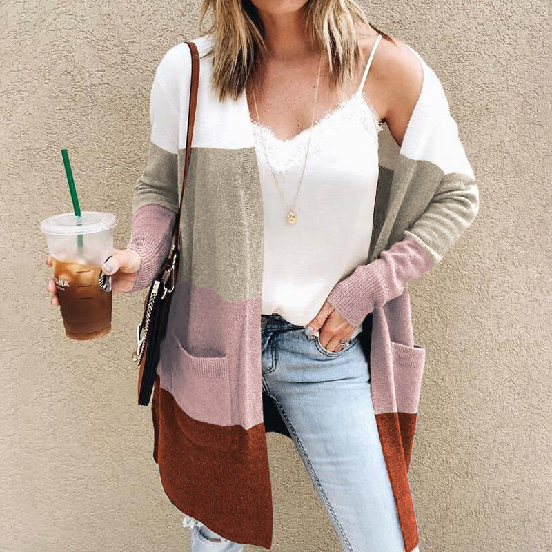 Sima Women’s Color Block Cardigan – Open Front Long Sleeve Knit