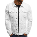 White denim jacket worn by a person on a white background