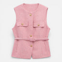 Women’s Tweed Waistcoat Belted Sleeveless Button Front Vest