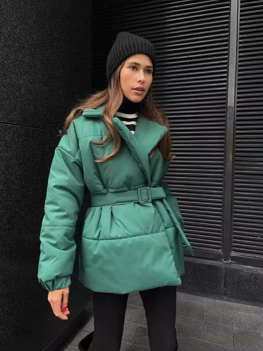 Liana Women’s Belted Puffer Jacket – Short Winter Coat