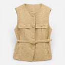 Women’s Tweed Waistcoat Belted Sleeveless Button Front Vest