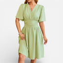 Women’s Pastel V-Neck Midi Dress Fitted Waist Elegant