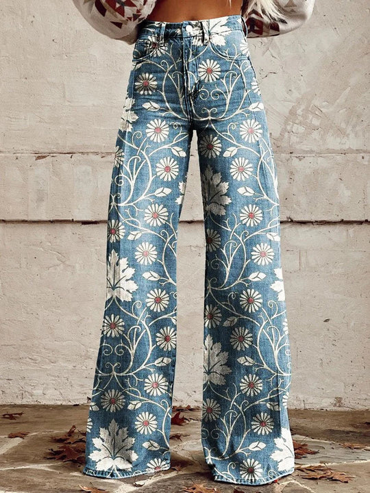 Flowy - Casual Trousers with Wide Legs and Vintage Print