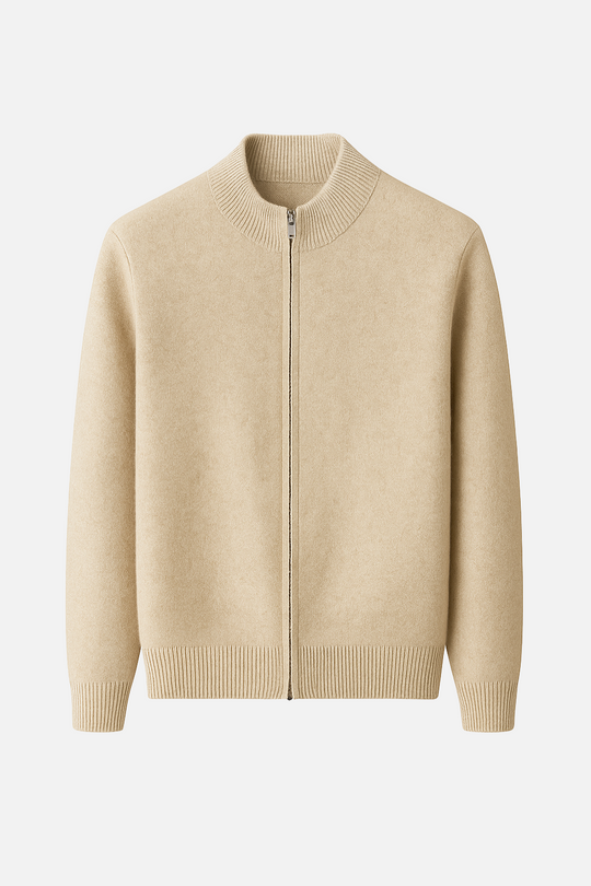 Simon Men’s Wool Zip Cardigan – Full Zip Knit Sweater with High Collar