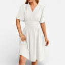 Women’s Pastel V-Neck Midi Dress Fitted Waist Elegant