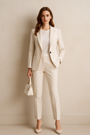 Woman wearing a beige suit with a white wall background