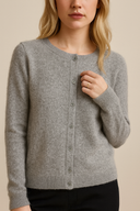 Gray cardigan worn by a person on a beige background