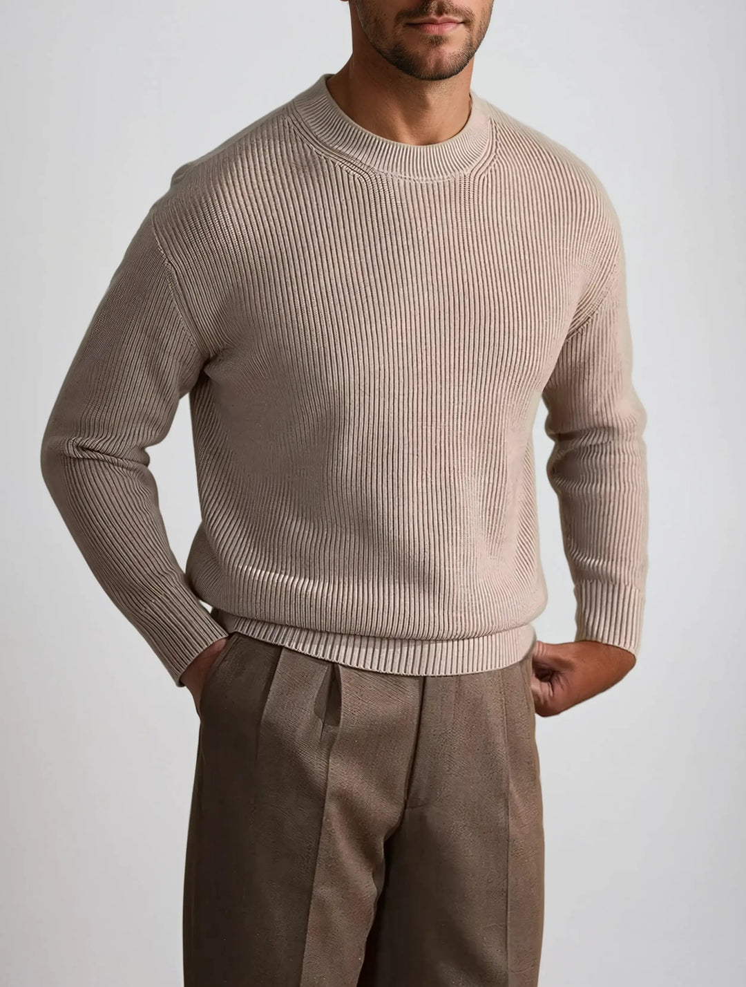 Leander – Men’s Beige Ribbed Crew Neck Sweater