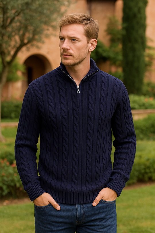 Ryan Men’s Wool Half Zip Sweater – Cable Knit Pullover with High Collar