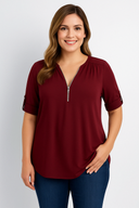 Caro Bluse – Chiffon-Pullover mit tiefem V-Ausschnitt und Reißverschluss-Detail