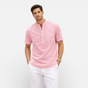 Men’s Linen Cotton Blend Henley Shirt Short Sleeve Casual Summer