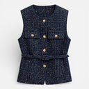 Women’s Tweed Waistcoat Belted Sleeveless Button Front Vest