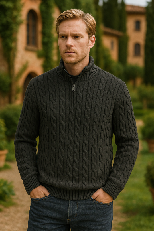Ryan Men’s Wool Half Zip Sweater – Cable Knit Pullover with High Collar