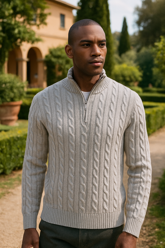 Ryan Men’s Wool Half Zip Sweater – Cable Knit Pullover with High Collar