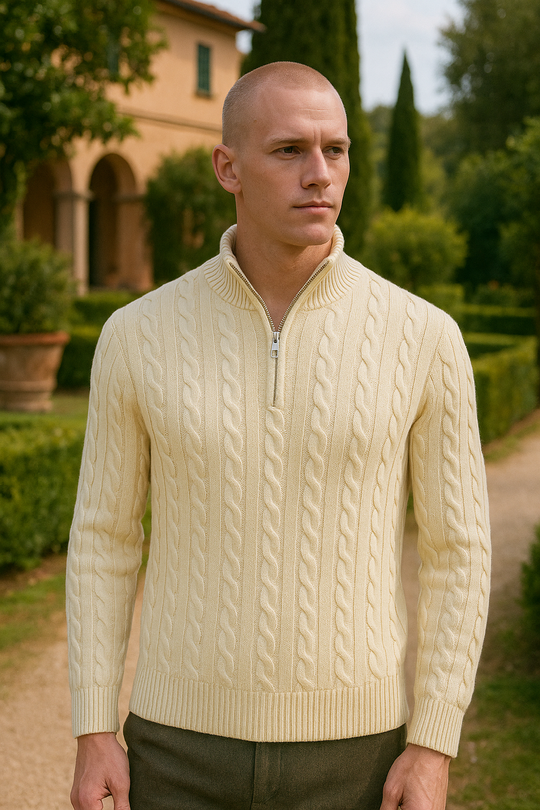 Ryan Men’s Wool Half Zip Sweater – Cable Knit Pullover with High Collar