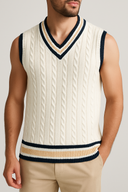 Man wearing a cream-colored sleeveless sweater with navy and beige accents on a plain background