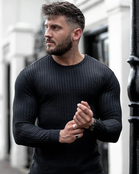 Elias Herrenpullover – Langarm Rippstrick Rundhalsausschnitt