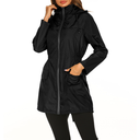 Black raincoat worn by a person on a white background