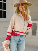 Alina | Damenpullover mit halbem Reißverschluss und gestreiftem Detail