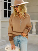 Alina | Damenpullover mit halbem Reißverschluss und gestreiftem Detail