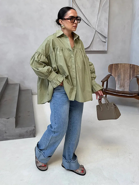 Tamsin – Dames Losse Geplooide Blouse met Lange Mouwen