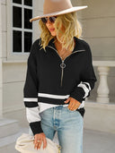 Alina | Damenpullover mit halbem Reißverschluss und gestreiftem Detail