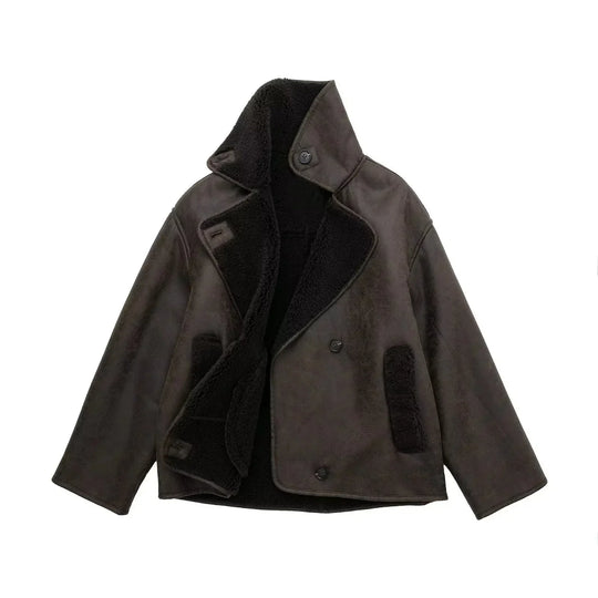 Alessia Damen Lammfellmantel – Kurze Doppelreihige Winterjacke