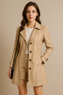 Woman wearing a beige trench coat over a white shirt and beige shorts on a beige background