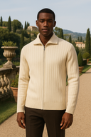 Dorian Men’s Wool Zip Cardigan – Ribbed Full Zip Knit Sweater with Collar