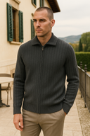 Dorian Men’s Wool Zip Cardigan – Ribbed Full Zip Knit Sweater with Collar