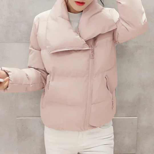 Women’s Short Puffer Jacket – Asymmetrical Zip Winter Coat