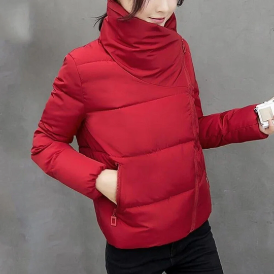 Women’s Short Puffer Jacket – Asymmetrical Zip Winter Coat