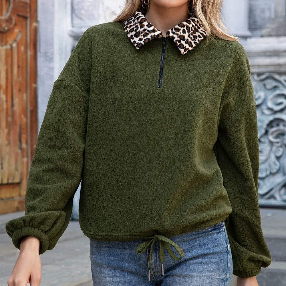 Elara Damen Fleece Sweatshirt – Leopardenkragen Halb-Reißverschluss Pullover