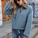 Elara Damen Fleece Sweatshirt – Leopardenkragen Halb-Reißverschluss Pullover