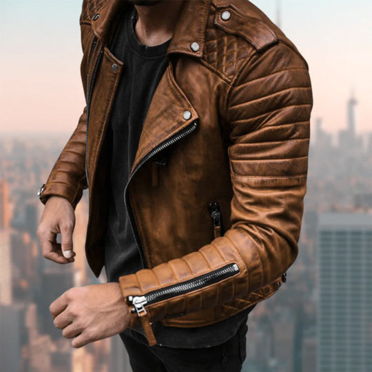 Herren-Bikerjacke – Klassischer Lederstil mit Reißverschluss-Details