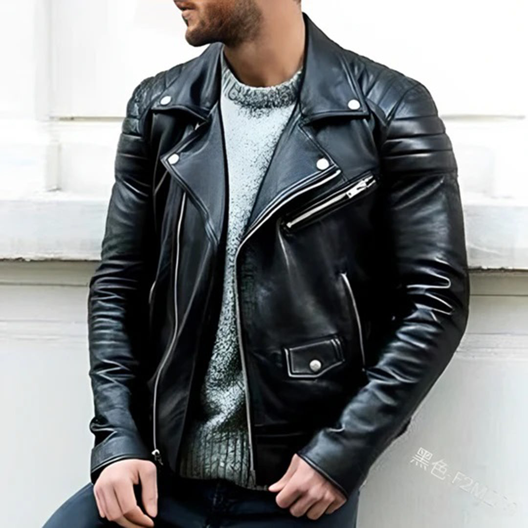 Herren-Bikerjacke – Klassischer Lederstil mit Reißverschluss-Details