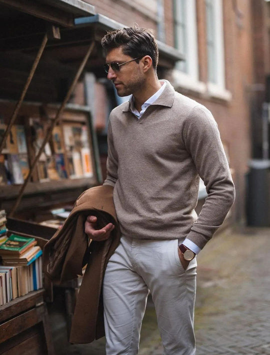 Barclay & Bloom - Herren Langarm-Poloshirt mit V-Ausschnitt