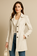 Woman wearing a beige coat with a plain background