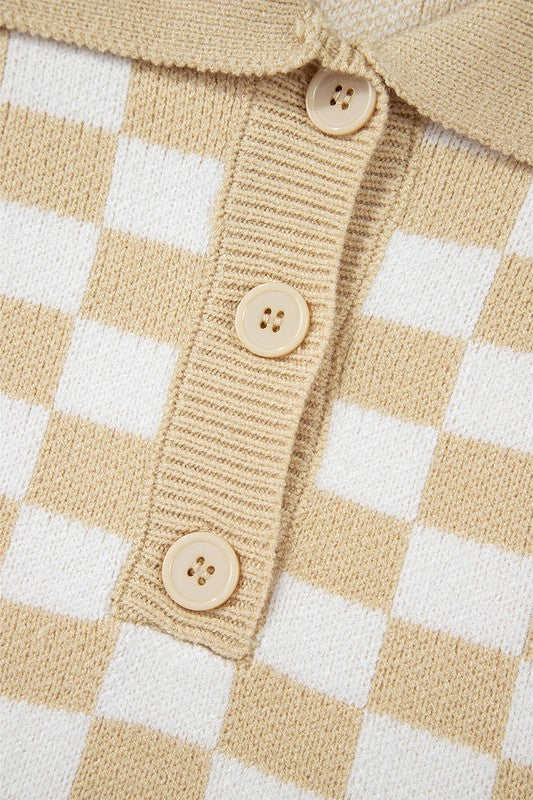 Rosalin - Women's V-Neck Sweater with Checkered Design and Buttons