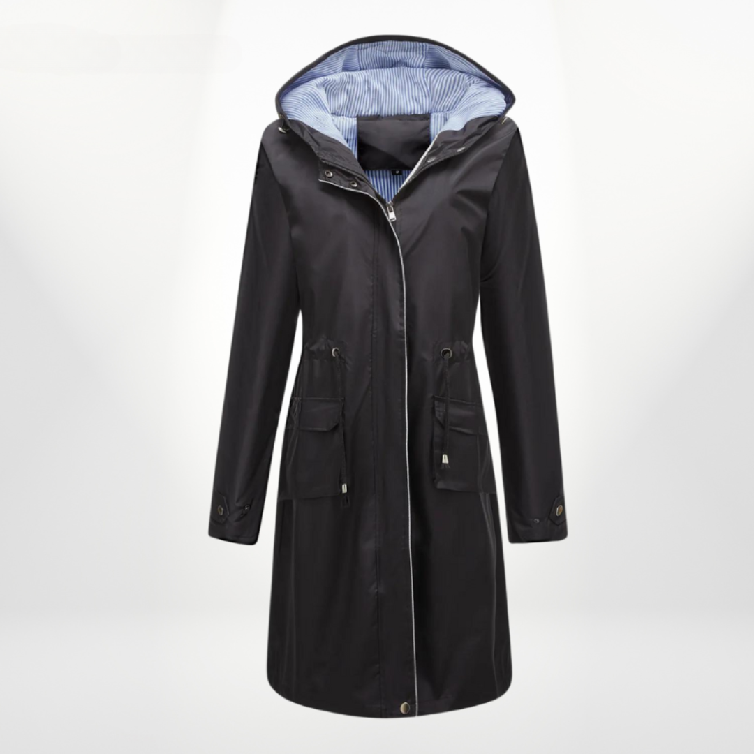 Black raincoat with a hood on a white background