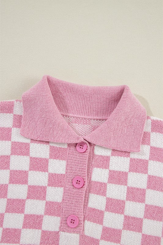 Rosalin - Women's V-Neck Sweater with Checkered Design and Buttons