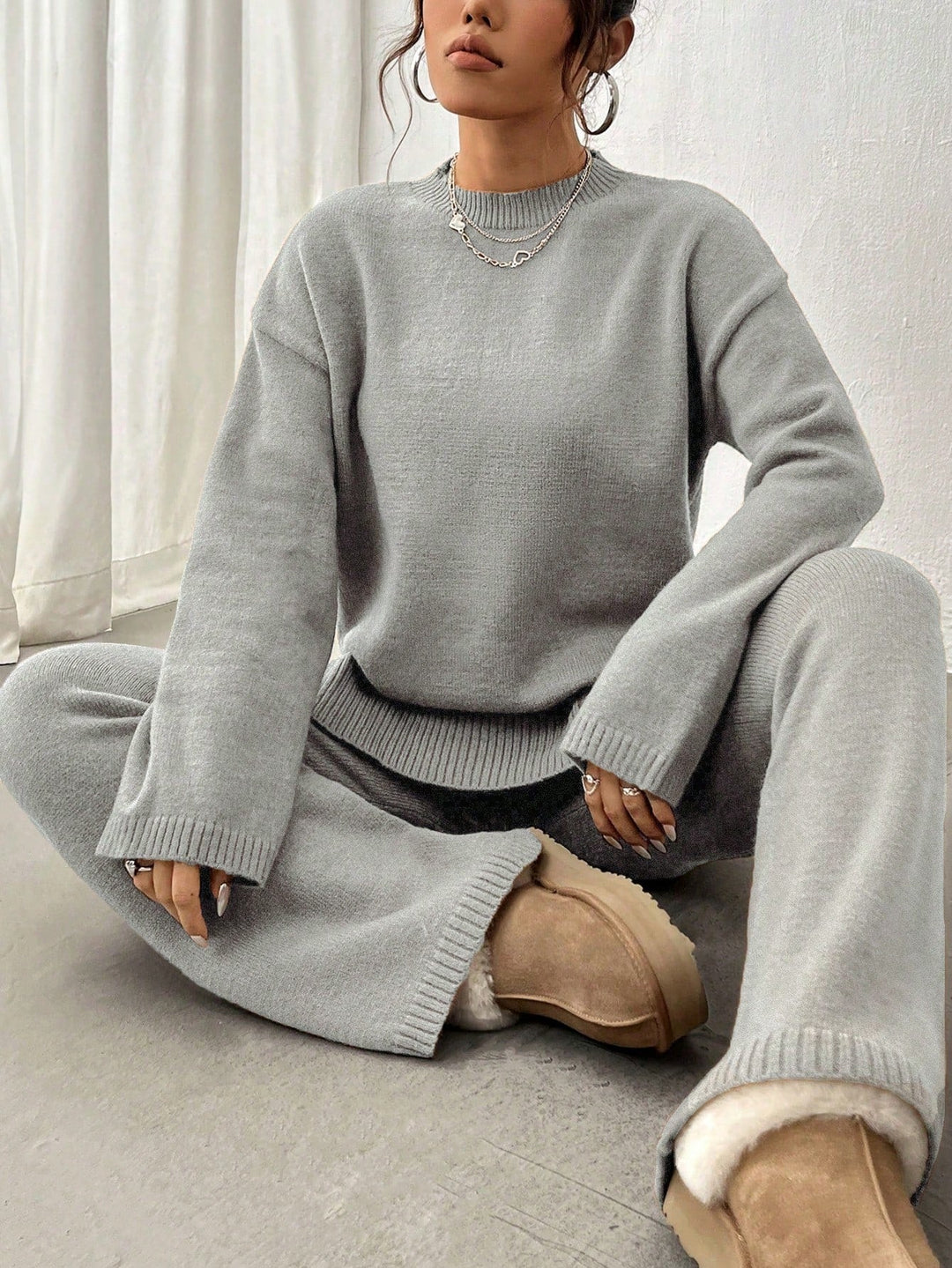 Noelle Women’s Knit Set – Long Sleeve Sweater and Wide Leg Pants