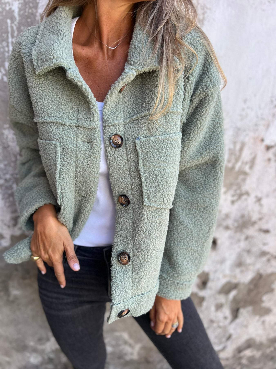 Alina Women’s Fleece Jacket – Long Sleeve Button Front Sherpa