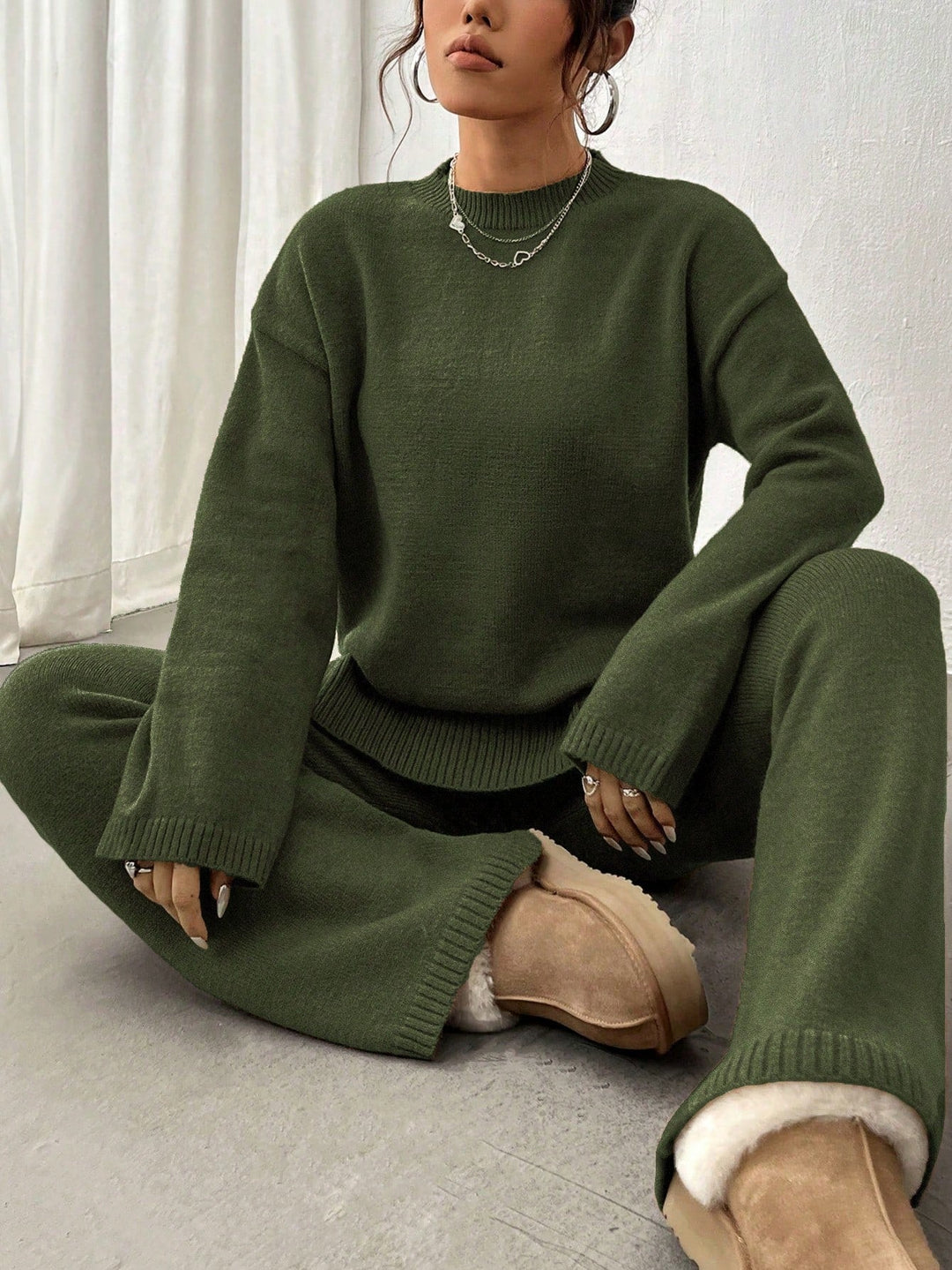 Noelle Women’s Knit Set – Long Sleeve Sweater and Wide Leg Pants