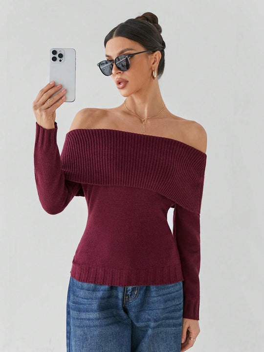 Liana Women’s Knit Sweater – Off Shoulder Long Sleeve Pullover