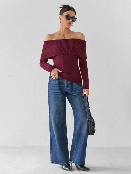 Liana Women’s Knit Sweater – Off Shoulder Long Sleeve Pullover