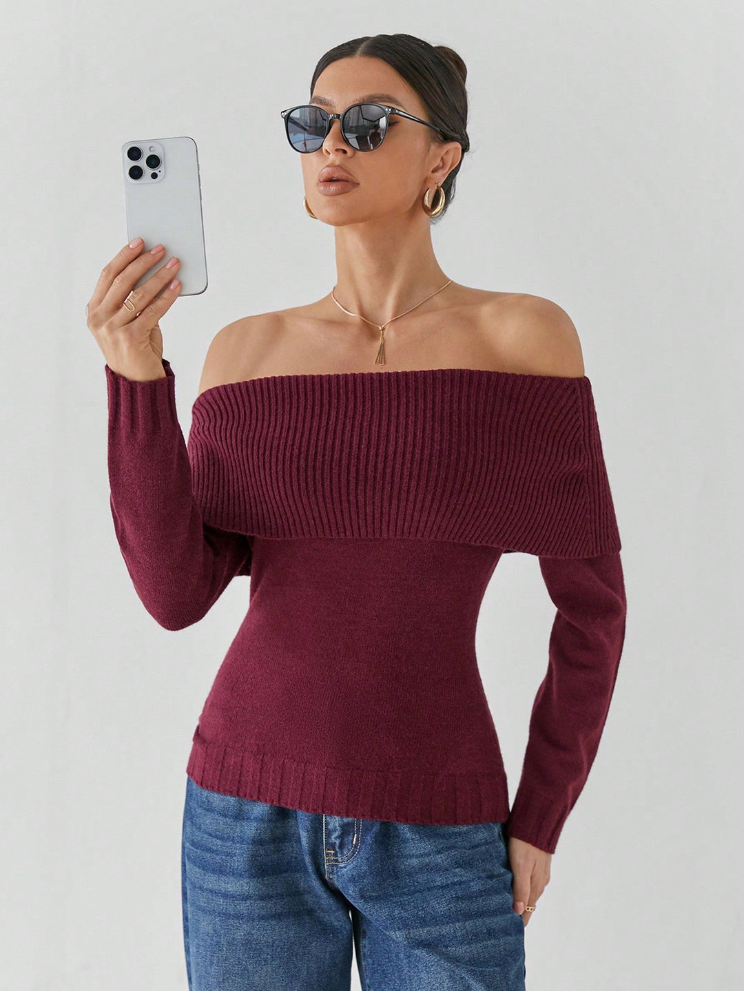 Liana Women’s Knit Sweater – Off Shoulder Long Sleeve Pullover