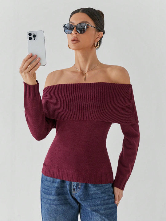 Liana Women’s Knit Sweater – Off Shoulder Long Sleeve Pullover